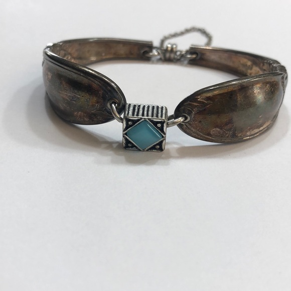 Upcycled silverware bracelet with blue tigers eye bead and magnetic clasp - Picture 2 of 4